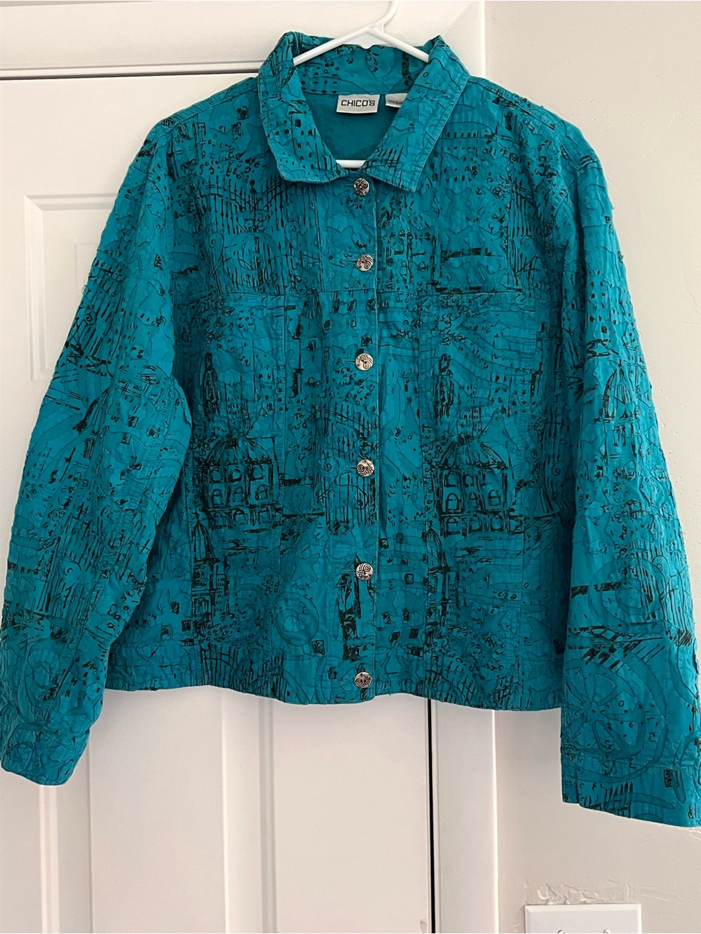 Chico's Teal Blue Printed Button-Front Jacket
